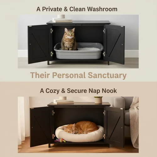 Miniatura 2 de Caja de arena para gatos Homhedy, mueble de baño de madera para gatos con puerta de granero, casa para mascotas, se adapta a la mayoría de las cajas