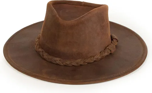 Minnetonka Outback Sombrero de vaquero de ala plana para hombres y mujeres fabricado con cuero envejecido, alambre de acero oculto en el borde.