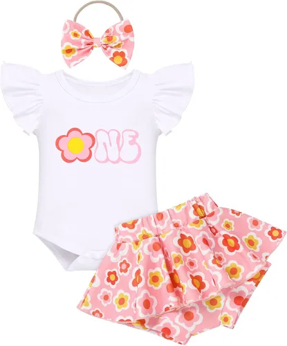Miniatura 11 de IMEKIS Traje de 1er cumpleaños para bebé niña con estampado de girasol y durazno + pantalones cortos con volantes + diadema para sesión de fotos