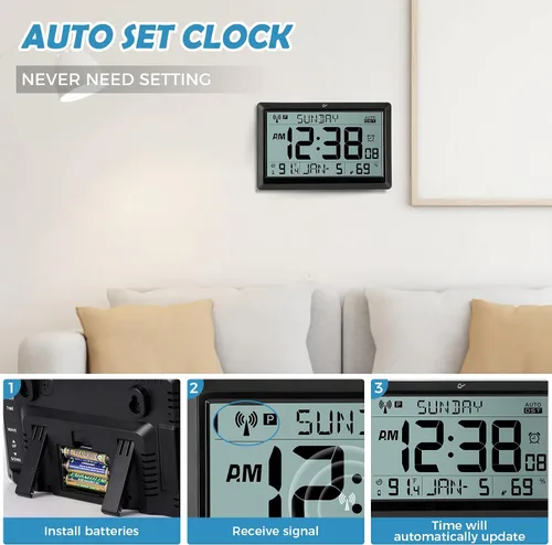 Miniatura 4 de Amgico Reloj de pared digital, reloj atómico de pantalla grande de 10.5", funciona con pilas, ajuste automático de calendario digital