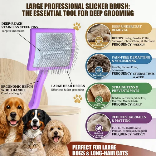 Miniatura 5 de Cepillo deslizante para perros, cepillo grande para perros de pelo largo para garabatos dorados y golden retriever con herramienta de Púrpura