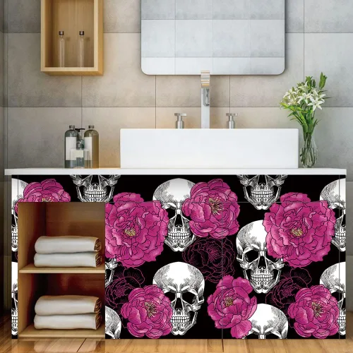 Miniatura 6 de Sugar Skull Penoy Papel Tapiz Floral de Despegar y Pegar para Dormitorio Negro/Blanco/Rojo Papel de Contacto Removible Decoraciones de Pared