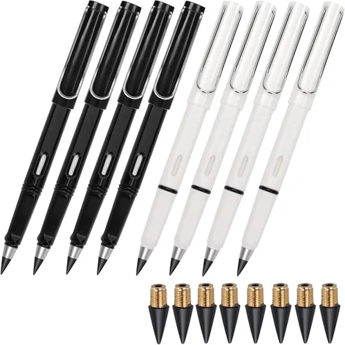 Miniatura 7 de Lápices eternos, bolígrafo sin tinta, lápiz infinito, sin necesidad de sacapuntas 0.7mm, 4 lápices con 8 puntas reemplazables (negro blanco)