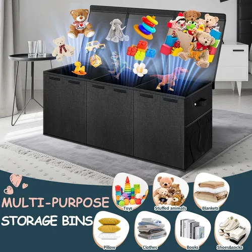 Miniatura 5 de Caja de juguetes extragrande con tapas, organizador de almacenamiento plegable y resistente para niños, cesta grande con divisores para niños y Negro