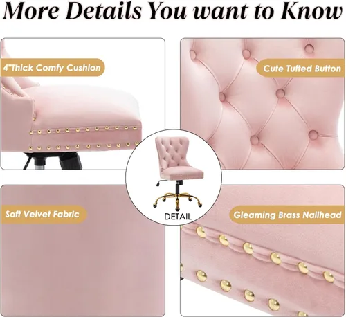 Miniatura 7 de Silla de escritorio de terciopelo para oficina en casa con ruedas y base dorada, cómoda silla de maquillaje copetuda para mujeres y niñas, silla
