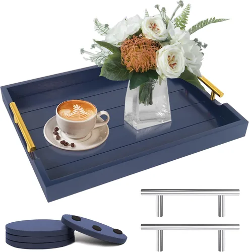 Miniatura 12 de SXNOWS Bandejas de mesa auxiliar, bandeja otomana grande para sala de estar, bandeja de madera para servir con 2 juegos de asas, bandeja de madera
