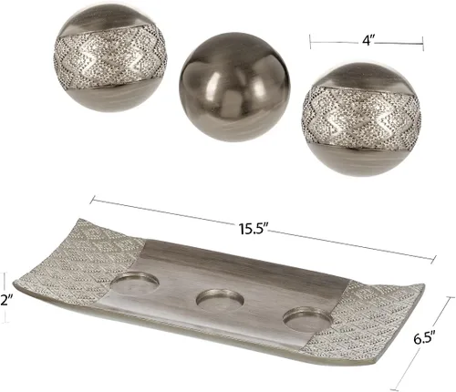 Miniatura 5 de Creative Scents Dublin - Juego de bandeja decorativa plateada y esferas/pelotas para cuencos y jarrones - Tazón de centro de mesa con bolas