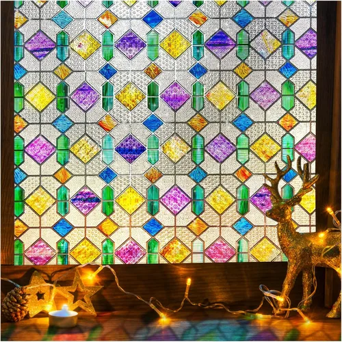 Miniatura 13 de Lámina de privacidad para ventana Windimiley con diseño de vidrio manchado: adhesivo estático decorativo floral 3D arcoíris con control de calor