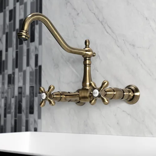 Miniatura 5 de Kingston Brass Heritage - Grifo de cocina de montaje en pared central de 8 pulgadas, latón antiguo