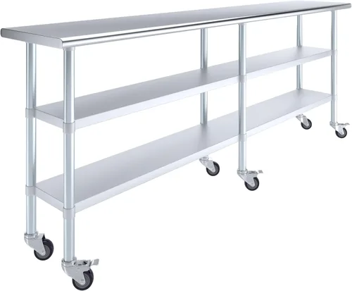 Miniatura 13 de AmGood Mesa de trabajo de acero inoxidable con 2 estantes y ruedas Mesa de trabajo de metal con ruedas