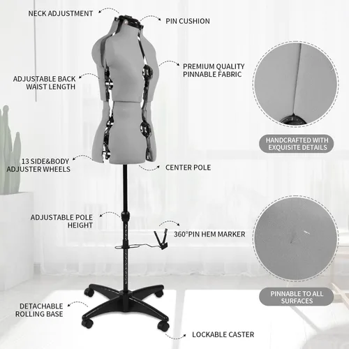 Miniatura 5 de maniquí ajustable con forma de vestido para costura, talla 6-14 para mujer, gris, con 13 diales y ruedas desmontables, modelo de cuerpo