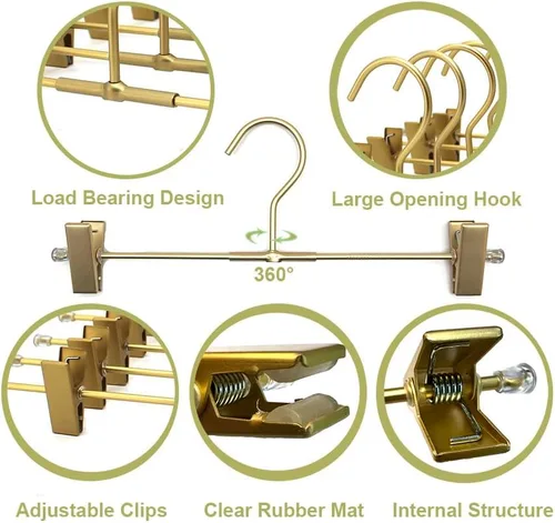 Miniatura 4 de Perchas para pantalones cortos, paquete de 20 perchas para jeans para armario, perchas de aluminio dorado de 11.8 pulgadas con 2 clips ajustables