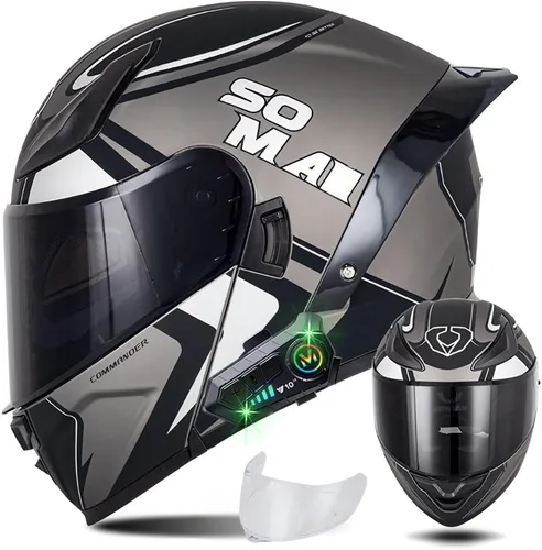 Miniatura 16 de Casco modular de motocicleta con Bluetooth, casco de motocicleta abatible de cara completa para hombres y mujeres con visera tintada y transparente