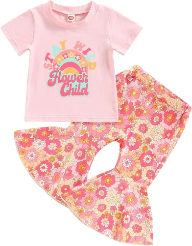 Toddler Summer Clothes Baby Girl Bell Bottom Outfit Short Sleeve Rainbow Print T-shirt Tops+Floral Flare Pant Set