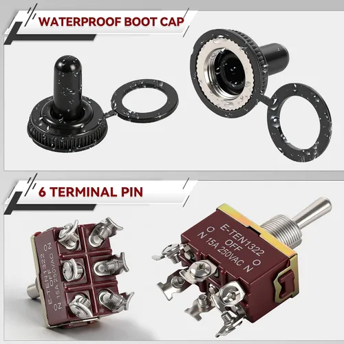 Miniatura 4 de 5Pack 6 Pin Waterproof Toggle Switch 3 Position ON-Off-ON 30A 12VDC/15A 250VAC Marine DPDT Toggle Switch with Weatherproof Boot Cap Cover for Car