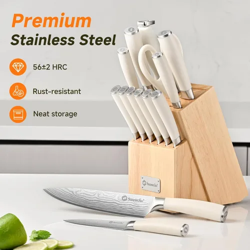 Miniatura 3 de Sunnecko Juego de cuchillos con bloque y afilador, juego de bloque de cuchillos de cocina de 15 piezas, cuchillos de cocina afilados, acero Blanco