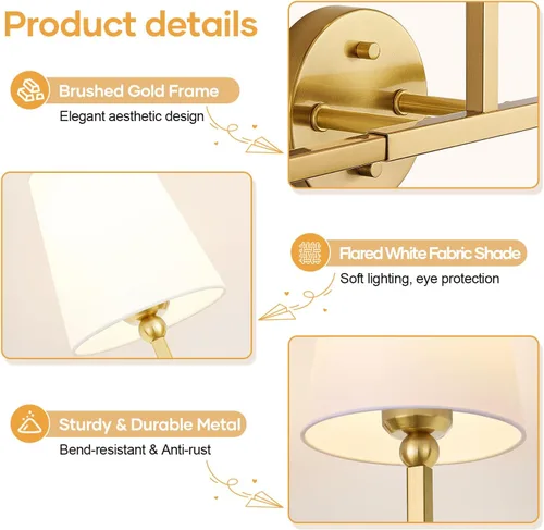 Miniatura 8 de MOKATNG Lámparas de baño, 3 luces doradas cepilladas, accesorios de iluminación de baño sobre espejo con pantalla de tela blanca acampanada