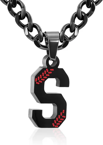 Miniatura 47 de Avotto Collar de béisbol con letra inicial de la A a la Z para niños y hombres, cadena cubana de acero inoxidable resistente que no se decolora