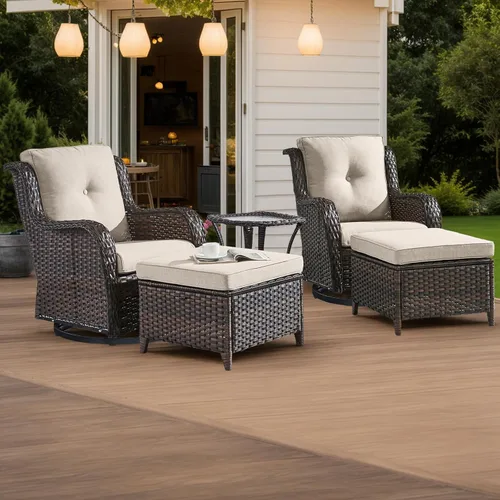 Miniatura 75 de HUMMUH Sillas Mecedoras Giratorias de Mimbre para Patio Exterior con Respaldo Alto, Sillas Deslizantes de Ratán PE, Juego de Muebles de Patio de 4