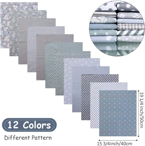 Miniatura 3 de Paquete de 12 piezas de tela de acolchado gris grueso floral para manualidades, hojas cuadradas de costura precortadas, 20 x 16 pulgadas/19.7 x 15.7