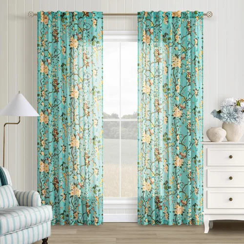 Miniatura 11 de Cortinas de lino florales azules y amarillas, estilo vintage, bohemio, de 63 pulgadas, 2 paneles con pestaña trasera para sala de estar