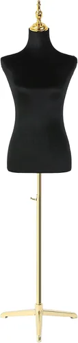 Modista maniquí femenino: torso de medio cuerpo con altura ajustable, terciopelo corto negro esponjoso, base de metal dorado