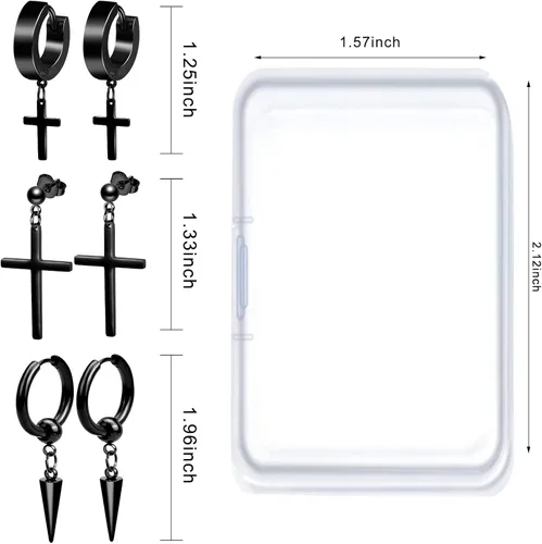 Miniatura 3 de ONESING Juego de 15 pares de aretes para hombre, aretes negros de acero inoxidable, aretes de cruz para hombres y mujeres, hipoalergénicos