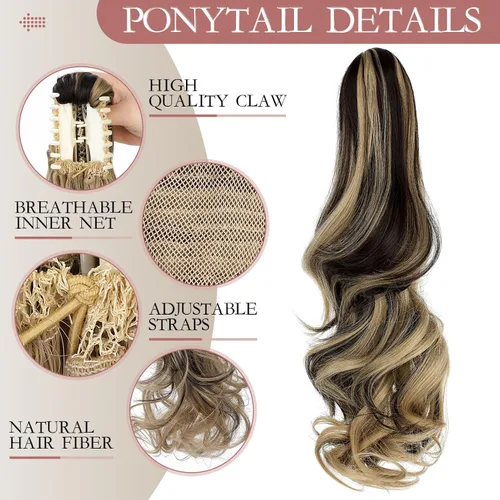 Miniatura 3 de Felendy Extensión de cola de caballo de 18 pulgadas, mezcla de rubio ceniza, marrón oscuro, rizado, ondulado, con clip, extensiones de cabello largo