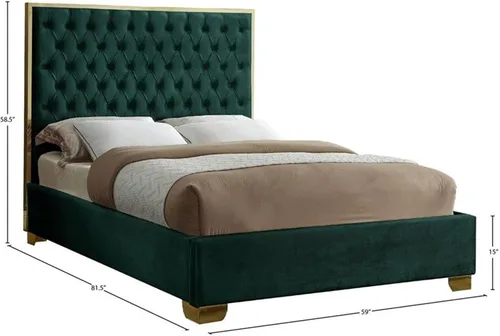Miniatura 3 de Meridian Furniture Colección Lana Modern Cama tapizada de terciopelo contemporáneo con acolchado profundo detallado y patas doradas, tamaño Verde