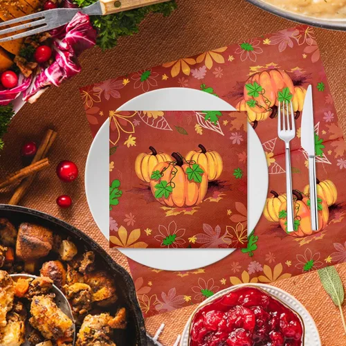 Miniatura 4 de Paquete de 40 servilletas de papel para el día de Acción de Gracias, 13 x 13 pulgadas, servilletas desechables de calabaza, vajilla de almuerzo