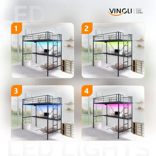 Miniatura 8 de VINGLI - Estructura de cama alta de metal de tamaño individual para niños, adolescentes y adultos con escritorio debajo, 2 estaciones de carga