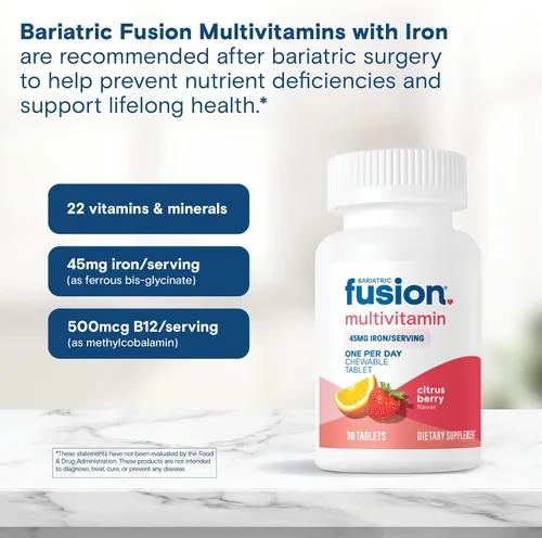Miniatura 5 de Bariatric Fusion Multivitamínico Bariátrico Una Por Día con Hierro Masticable Sabor a Bayas Cítricas Vitaminas para Bypass Gástrico