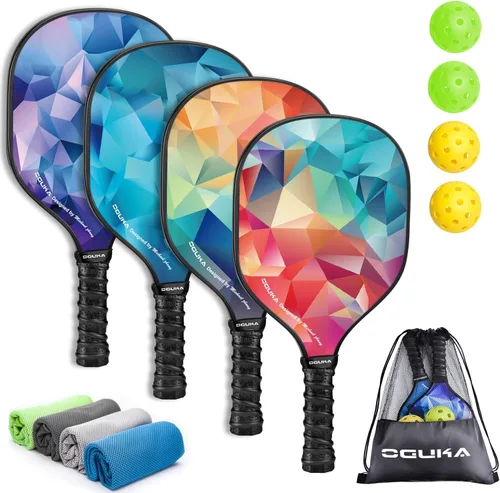 Juego de 4 palas de pickleball aprobadas por USAPA, ligeras, 4 pelotas de pickleball, 4 toallas refrescantes y bolsa, raquetas de pickleball premium