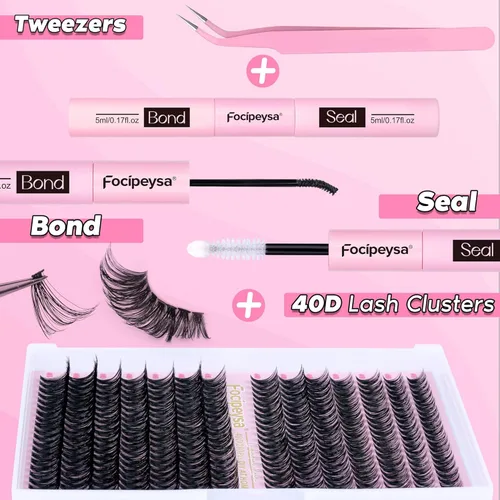 Miniatura 3 de Focipeysa Kit de Extensión de Pestañas D Curl Clusters de Pestañas 280pcs Kit de Extensión de Pestañas DIY 40D Pestañas Individuales con Adhesivo