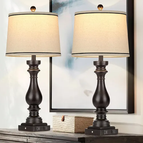 Miniatura 13 de Cinkeda Juego de 2 lámparas de mesa de 29 pulgadas de alto para sala de estar, lámparas vintage para mesita de noche con puertos USB C+A y salida