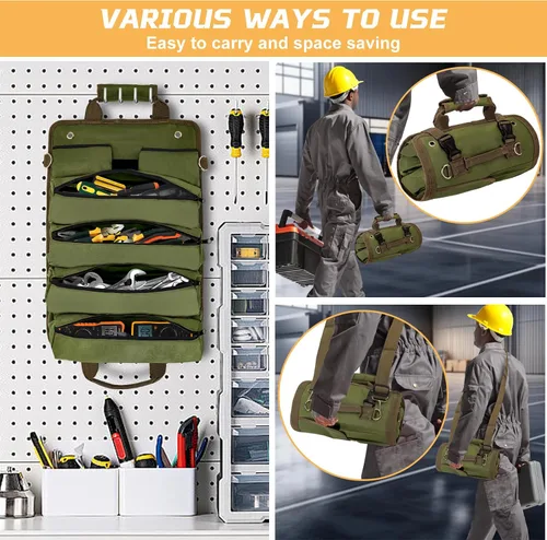 Miniatura 3 de Bolsa de herramientas enrollable, organizador de herramientas compacto y duradero con 4 bolsas, rollo de herramientas y 2 pequeñas bolsas con Verde