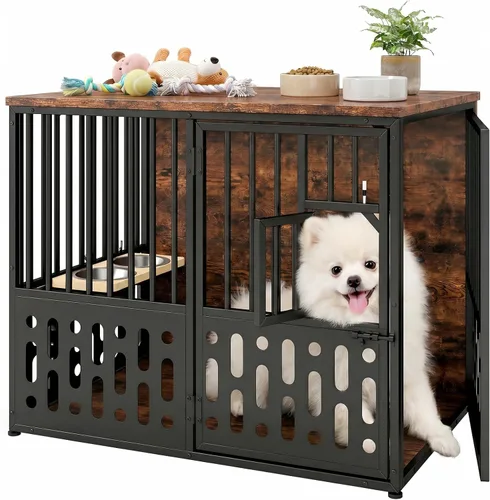 Yafylly Jaula para perros pequeños de 32 pulgadas, muebles de madera para perros pequeños y medianos, ventana interactiva, cuencos ajustables