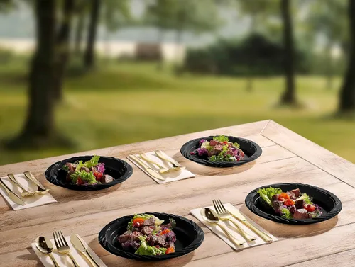 Miniatura 3 de Munfix Juego de 200 platos de plástico negro – platos llanos desechables de 9 pulgadas, paquete a granel para fiestas, barbacoas, picnic, fiestas