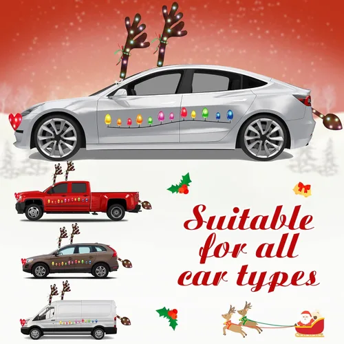 Miniatura 7 de Paquete de 3 cuernos de reno de Navidad para coche con luces LED, decoraciones de coche de Navidad, corona de Navidad iluminada, imanes reflectantes