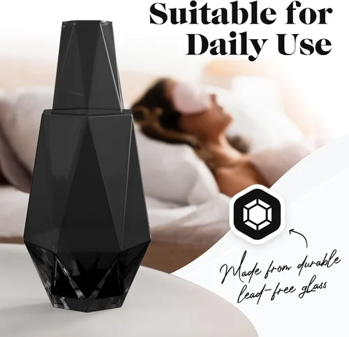 Miniatura 4 de American Atelier Juego de jarra y taza de noche geométrica moderna de 37 onzas, jarra de vidrio de 9 pulgadas con tapa y taza a juego, vasos Negro
