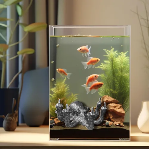 Miniatura 5 de Divertida estatua de pulpo de resina, decoración de pecera, pulpo enojado con gesto luminoso, para decoración de interiores de acuario (negro)