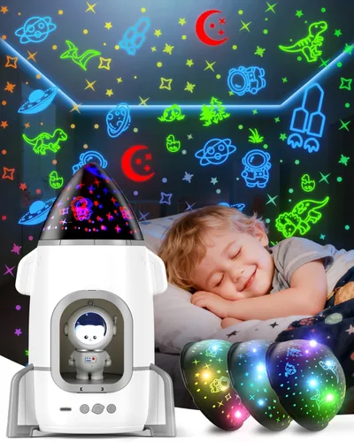 Proyector de luz nocturna de cohete para niños y niños pequeños, juguetes sensoriales con música y películas, lámpara de luz nocturna de astronauta,