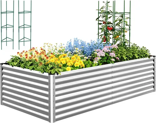 Miniatura 18 de Quictent Jardinera elevada galvanizada de 6 x 3 x 2 pies, maceta de metal sin fondo para patio trasero al aire libre, incluye 1 jaula de tomate Gris
