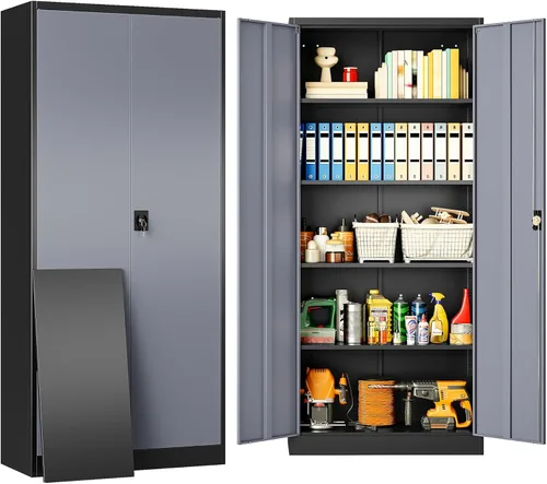 Miniatura 10 de SISESOL Armario de almacenamiento de metal con cajón y cerradura, gabinete de almacenamiento de metal negro con puertas de bloqueo y estantes