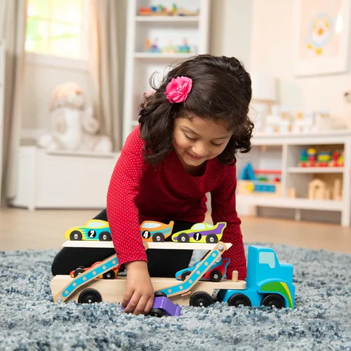 Miniatura 2 de Melissa & Doug Mega Race-Car Carrier - Tractor y remolque de madera con 6 coches de carrera únicos