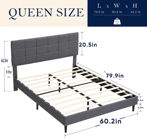 Miniatura 2 de Base de cama Queen con cabecera de tela, marco de cama tapizado, marco de cama resistente con soporte de listones de madera, base de colchón,