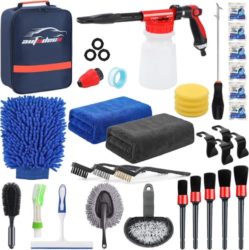 Kit de limpieza y detalle para lavado de autos de 33 piezas con pistola de espuma, cepillo, manopla grande de lavado, toallas, suministro completo