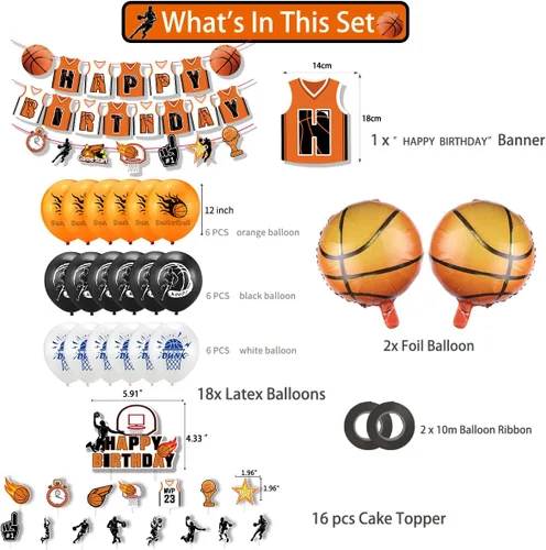 Miniatura 2 de 40 piezas de decoración de fiesta de baloncesto – Cartel de feliz cumpleaños, globos, adornos para pasteles para niños y niñas