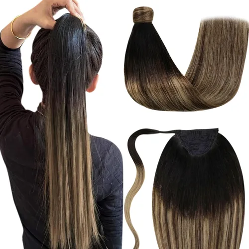 Miniatura 22 de LaaVoo Extensión de cola de caballo de cabello humano marrón para mujer, extensiones de cola de caballo marrón oscuro, extensiones de cabello humano