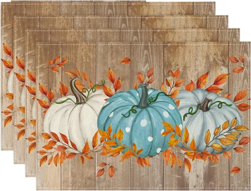 Miniatura 15 de Artoid Mode - Set de 2 manteles individuales de cuadros de búfalo con calabazas y hojas de eucalipto, manteles otoñales de 12x18 pulgadas para Azul
